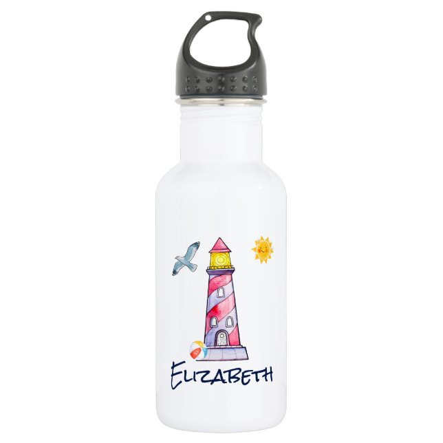 Red Striped Watercolor Lighthouse Custom 532 Ml Water Bottle (Front)