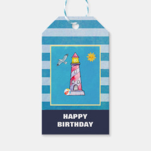 Red Striped Watercolor Lighthouse Gift Tags
