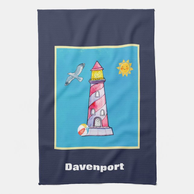 Red Striped Watercolor Lighthouse Personalised Tea Towel (Vertical)