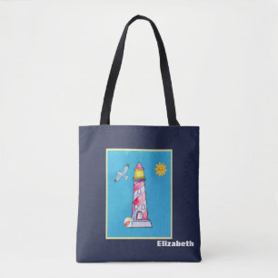 Red Striped Watercolor Lighthouse Personalised Tote Bag