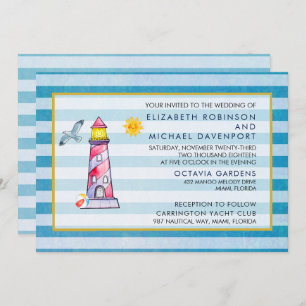 Red Striped Watercolor Lighthouse Wedding Invitation