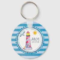 Red Striped Watercolor Lighthouse Wedding
