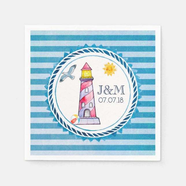 Red Striped Watercolor Lighthouse Wedding Napkin (Front)