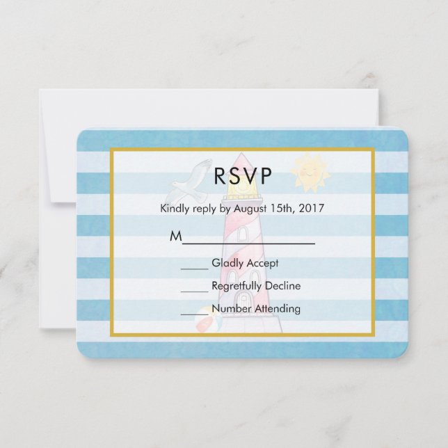 Red Striped Watercolor Lighthouse Wedding RSVP Card (Front)