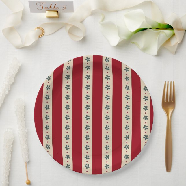 Red Stripes And Flowers Paper Plate (Wedding)