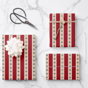 Red Stripes And Flowers Wrapping Paper Sheet
