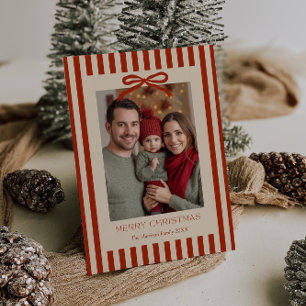 Red Stripes Bow Customizable  Holiday Card