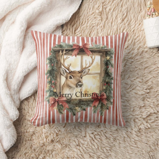 Red Stripes Bows Christmas Deer in Window Cushion (Blanket)
