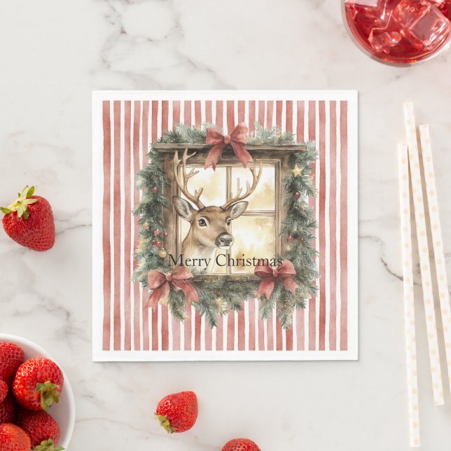 Red Stripes Bows Christmas Deer in Window Napkin (Insitu)