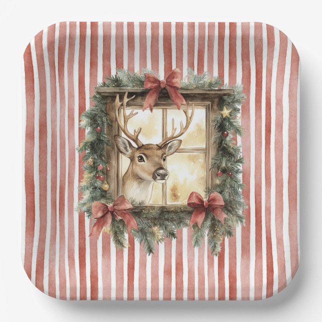 Red Stripes Bows Christmas Deer in Window Paper Plate (Front)