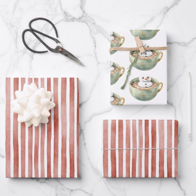 Red Stripes Christmas Happy Marshmallow Wrapping Paper Sheet (Front)