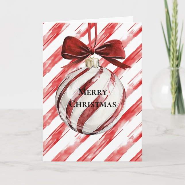 Red Stripes Christmas Ornament Bow Card (Front)