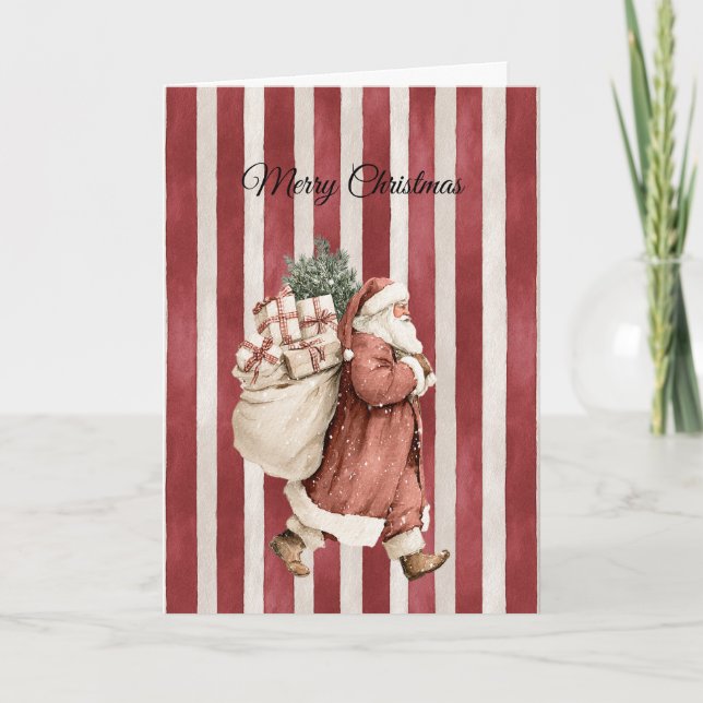 Red Stripes Christmas Santa Bag of Gifts Card (Front)