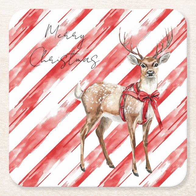 Red Stripes Deer Christmas Pillar Candle Square Paper Coaster (Front)