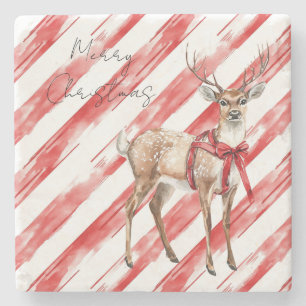 Red Stripes Deer Christmas Pillar Candle Stone Coaster