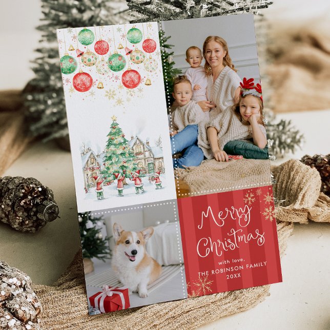 Red Stripes Festive Greens Merry Christmas 2 Photo Holiday Card (Creator Uploaded)