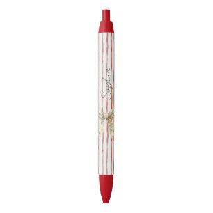 Red Stripes Floral Bow Black Ink Pen