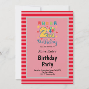 Red Stripes Framed 2nd Birthday Party Invitation