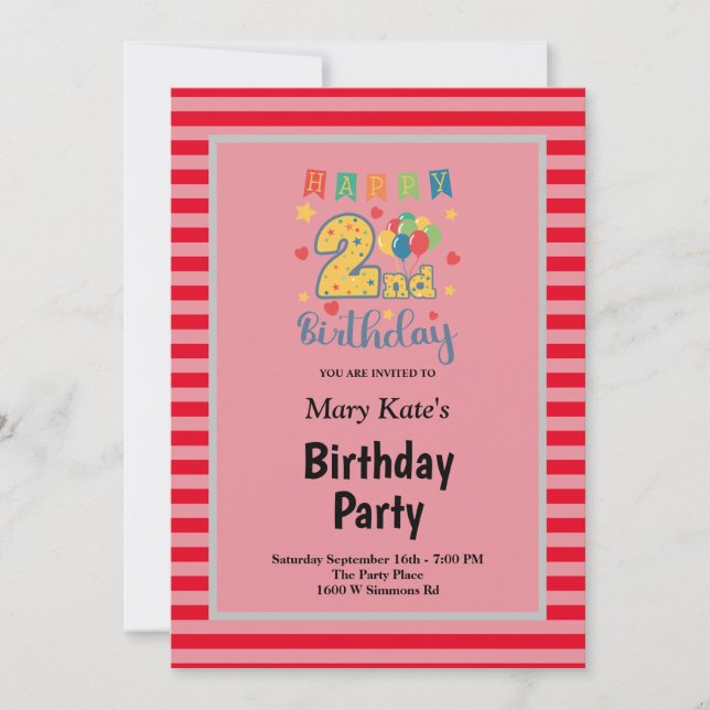 Red Stripes Framed 2nd Birthday Party Invitation (Front)