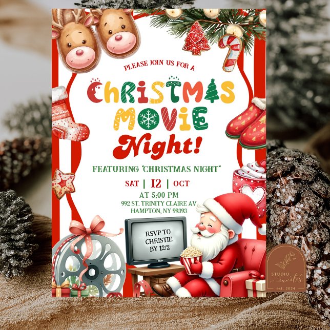 Red Stripes Fun Retro Christmas Movie Night Party Invitation (Creator Uploaded)