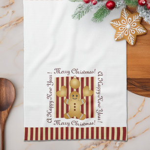 Red Stripes Gingerbread Man Cookies Christmas Tea Towel