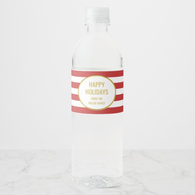 Red Stripes Gold Custom Happy Holidays Water Bottle Label (Front)