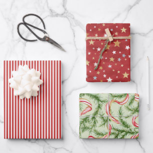 Red Stripes Green Ribbons Gold Stars Christmas Wrapping Paper Sheet