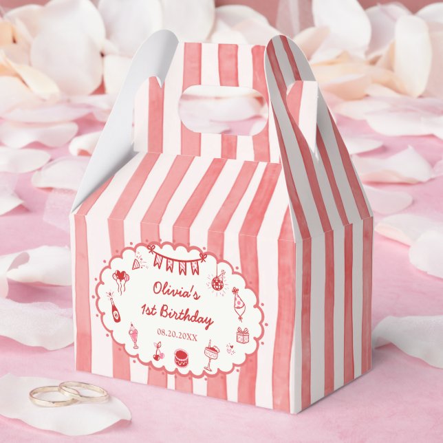 Red Stripes Hand Drawn Birthday Party Favour Box (Wedding)