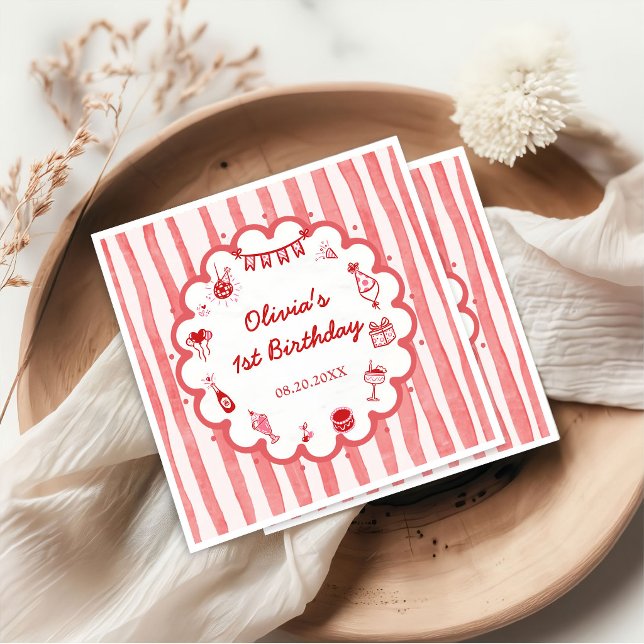 Red Stripes Hand Drawn Birthday Party Napkin (Creator Uploaded)