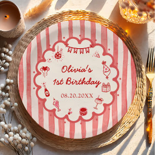 Red Stripes Hand Drawn Birthday Party Paper Plates