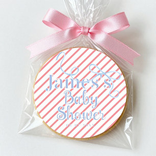 Red Stripes & Light Blue Ribbon Baby shower Classic Round Sticker