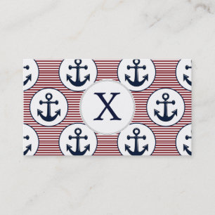 Red Stripes Navy Blue Anchor Nautical Pattern Business Card