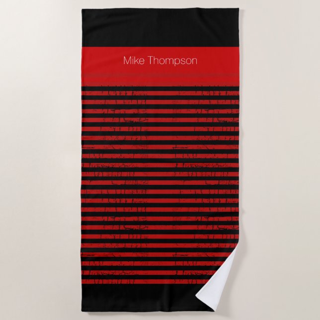 Red Stripes with Name on Black Beach Towel (Front)