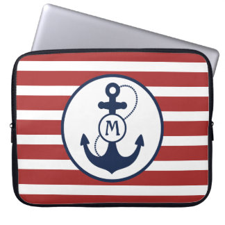 Red Stripes with Nautical Anchor and Monogram Laptop Sleeve