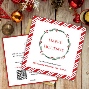 Red Stripes Wreath Corporate Logo QR Code Holiday  Card
