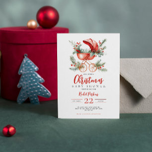 Red Stroller Watercolor Christmas Baby Shower Invitation