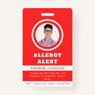 Red Student Photo Food Allergy Alert Emergency ID Badge