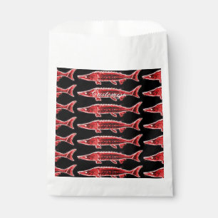 red sturgeons on black favour bags
