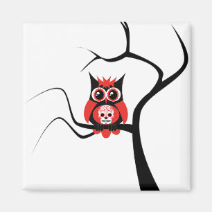 Red Sugar Skull Owl in Tree Magnet