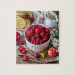 Red Summer Raspberries Breakfast Fruit Food Floral Jigsaw Puzzle<br><div class="desc">This stunning jigsaw puzzle features sweet tasty red raspberries on a rustic breakfast table with flowers. #jigsawpuzzle #stockingstuffers #games #gift</div>