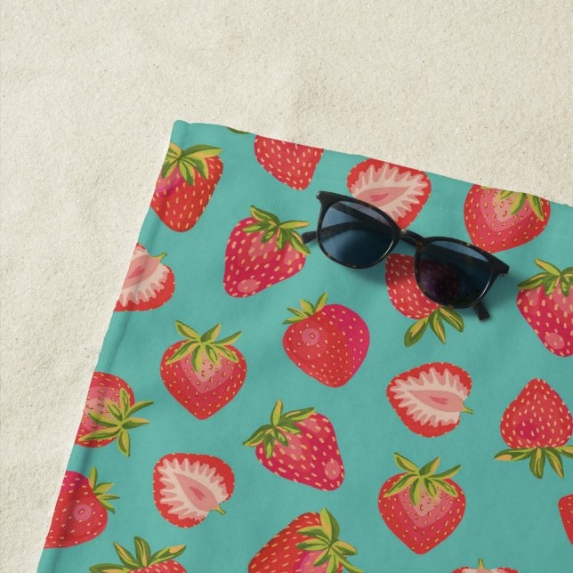 Red Summer Strawberry Fruit Green Beach Towel (In Situ)