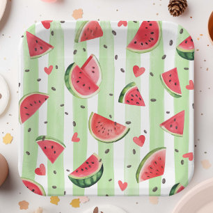 Red Summer Watermelon Fruit Themed Cute Girl  Paper Plate