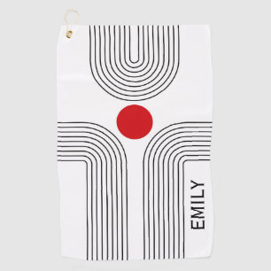 Red sun and Mid Century black and white arches Golf Towel