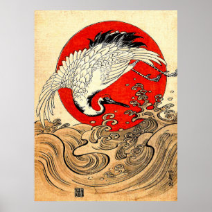 RED SUN ,JAPANESE FLYING CRANE AND SEA WAVES  POSTER