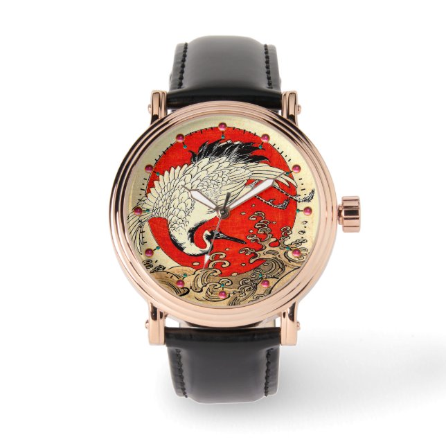 RED SUN ,JAPANESE FLYING CRANE AND SEA WAVES  WATCH (Front)