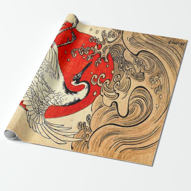 RED SUN ,JAPANESE FLYING CRANE AND SEA WAVES  WRAPPING PAPER (Unrolled)