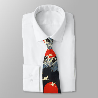 RED SUN ,JAPANESE FLYING CRANES,SEA WAVES IN BLACK TIE