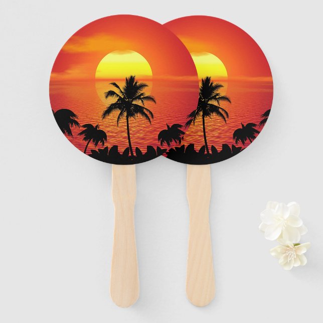 Red Sun Tropical Palm Beach Hand Fan (Front and Back)