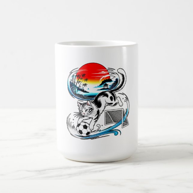 Red Sun Wave Design - Japanese Soccer Cat Coffee Mug (Center)