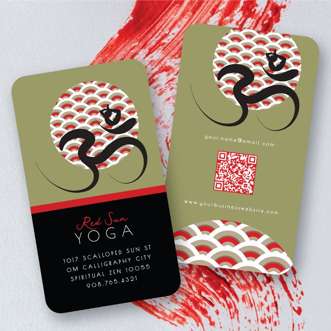 Red Sun Yoga Spiritual Indian Meditate Om Ohm Logo Business Card (Red Sun Yoga Spiritual Meditation Modern Zen Om / Aum  Calligraphy Symbol Business Card @ fatfatin)